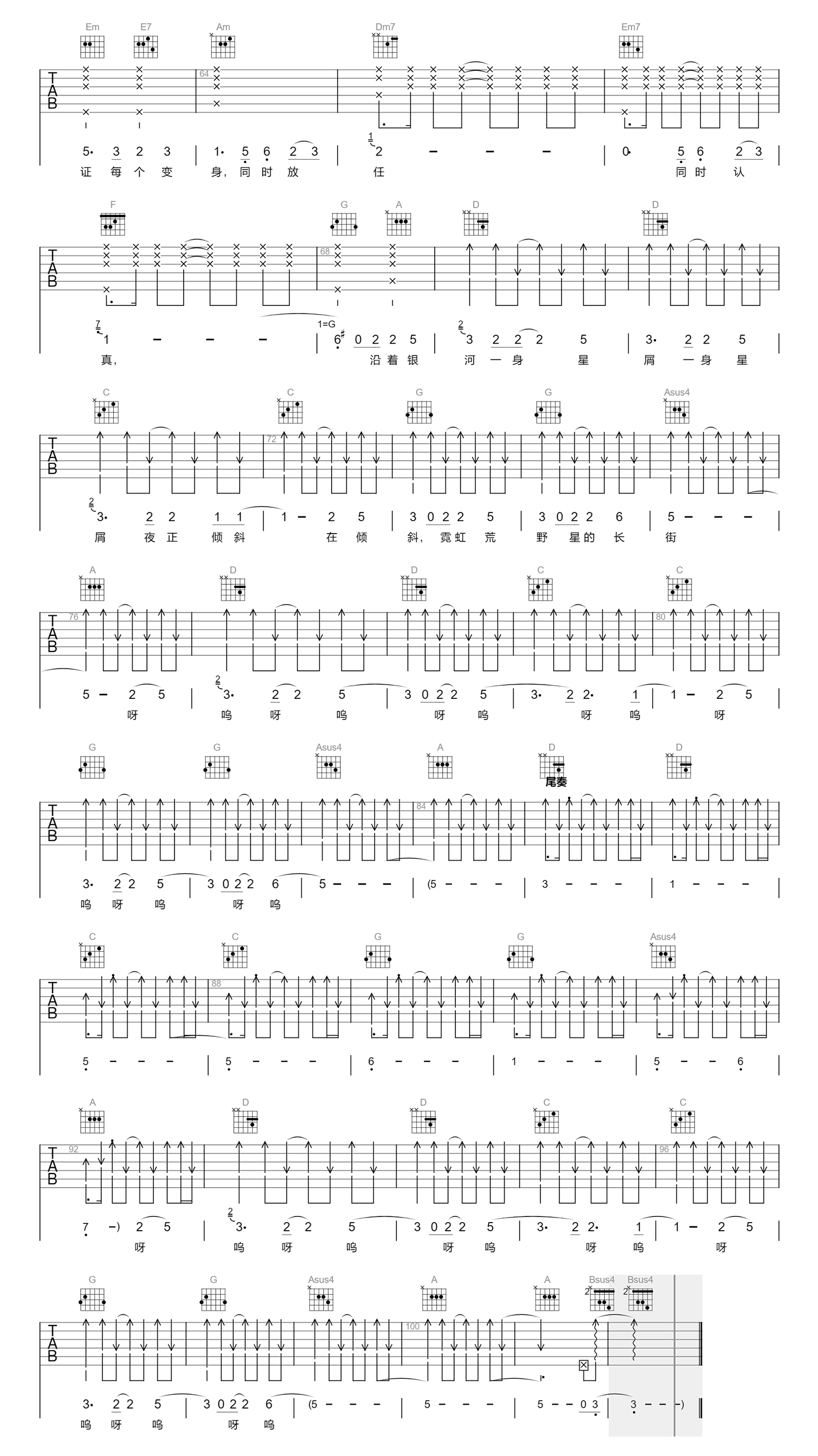 张碧晨《开往早晨的午夜》吉他谱-3