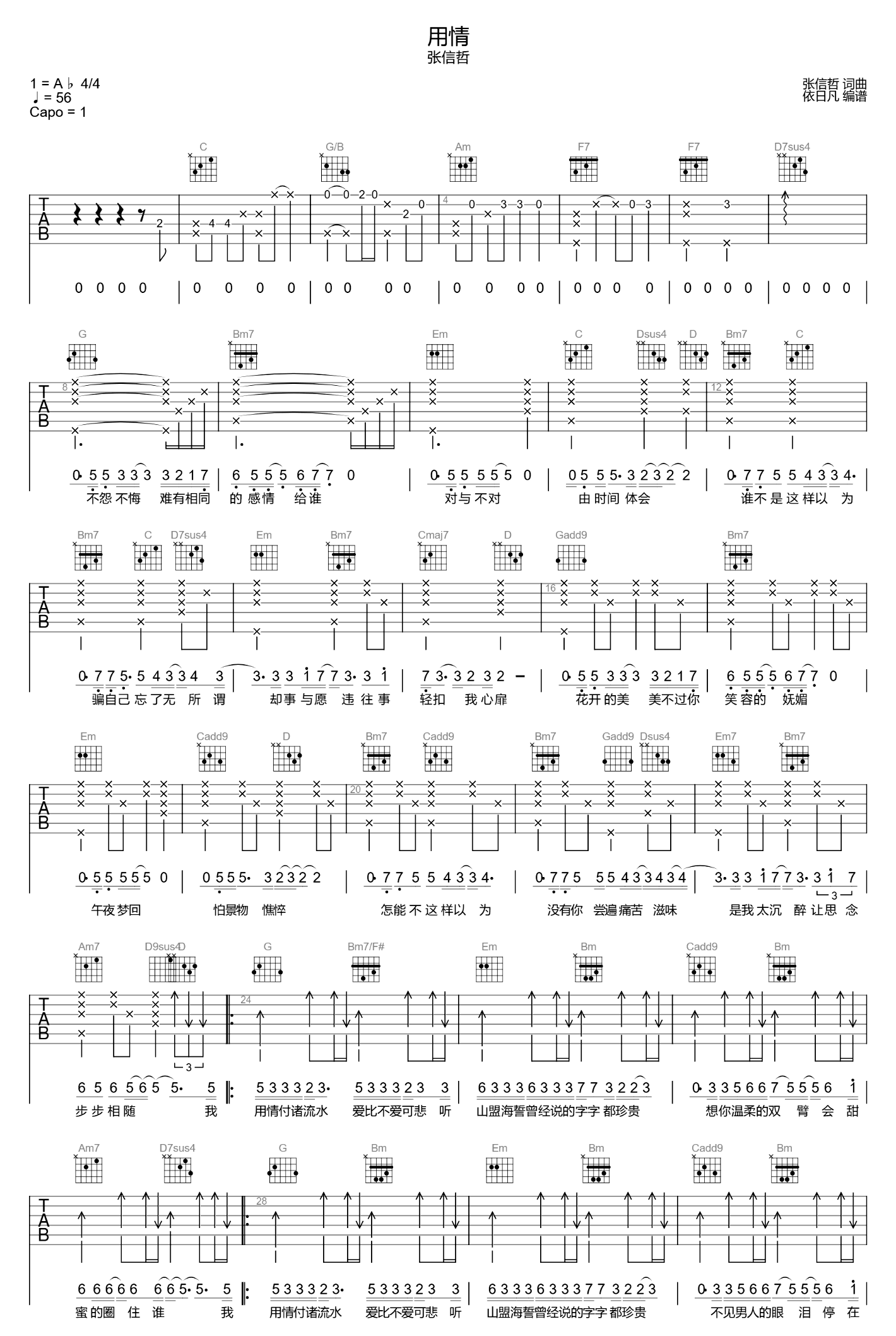 用情吉他谱-张信哲/羊羊-原版-1