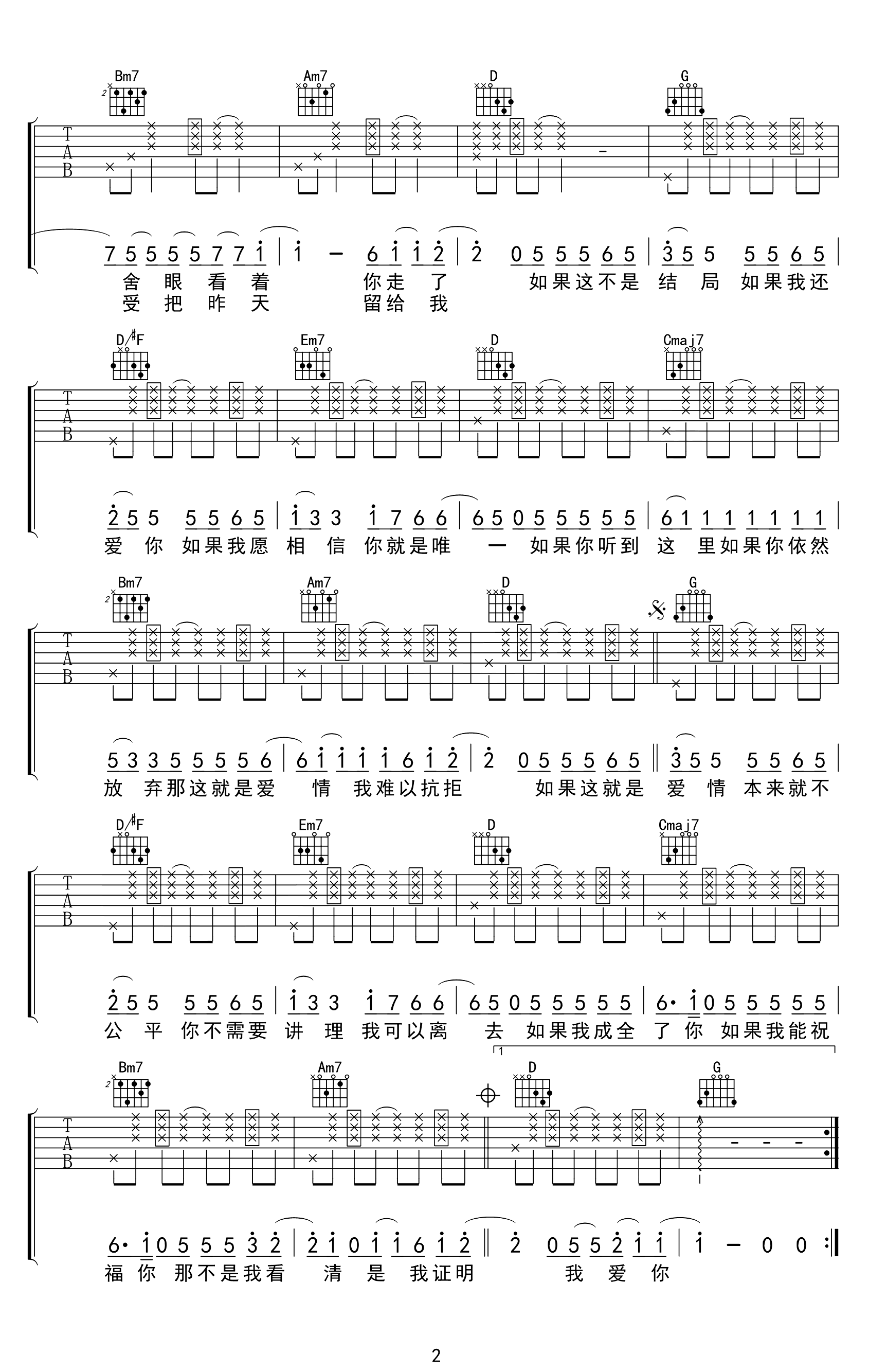 如果这就是爱情吉他谱-张靓颖-G调指法