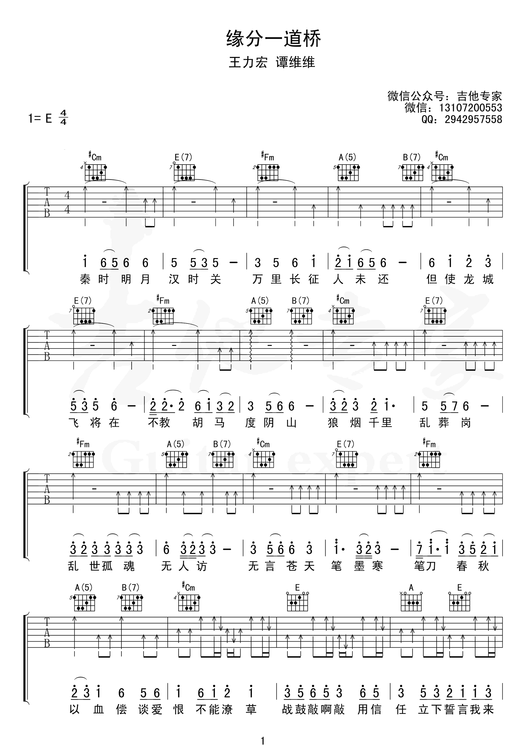 缘分一道桥吉他谱-王力宏/谭维维-吉他弹唱谱