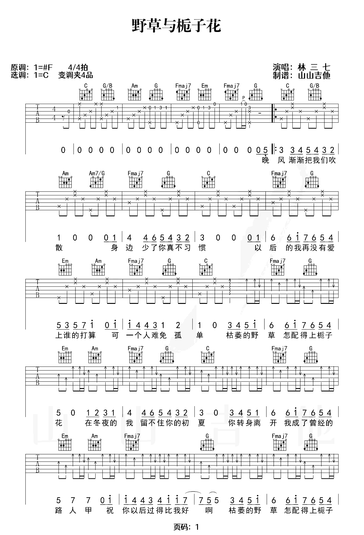 林三七《野草与栀子花》吉他谱-原版