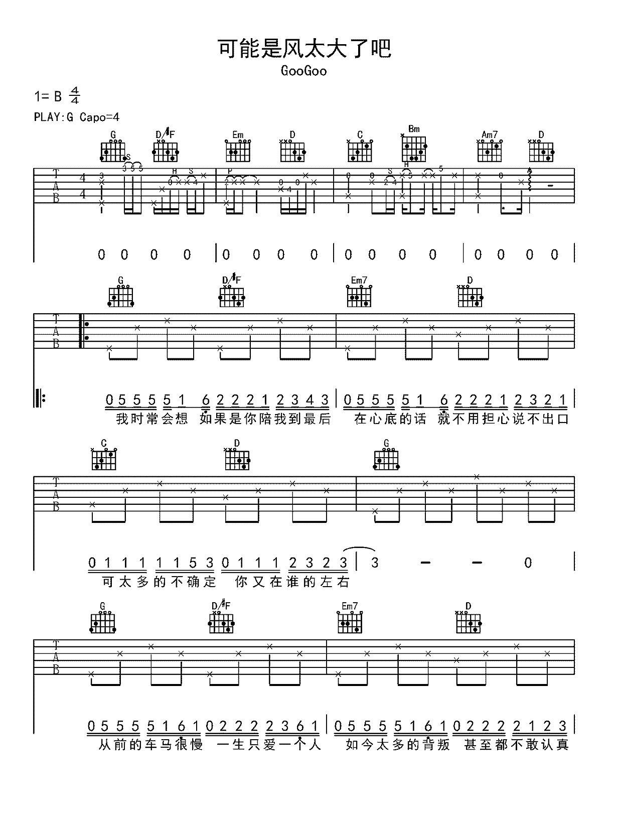 可能是风太大了吧吉他谱-Googoo-吉他弹唱谱