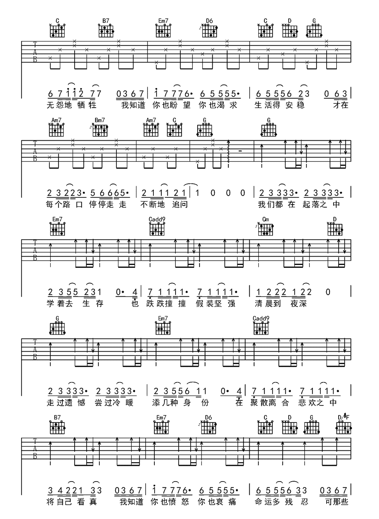 你也吉他谱-张碧晨-吉他弹唱谱