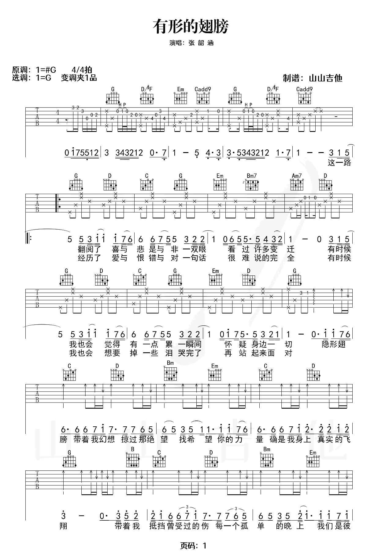 有形的翅膀吉他谱-张韶涵-吉他弹唱示范