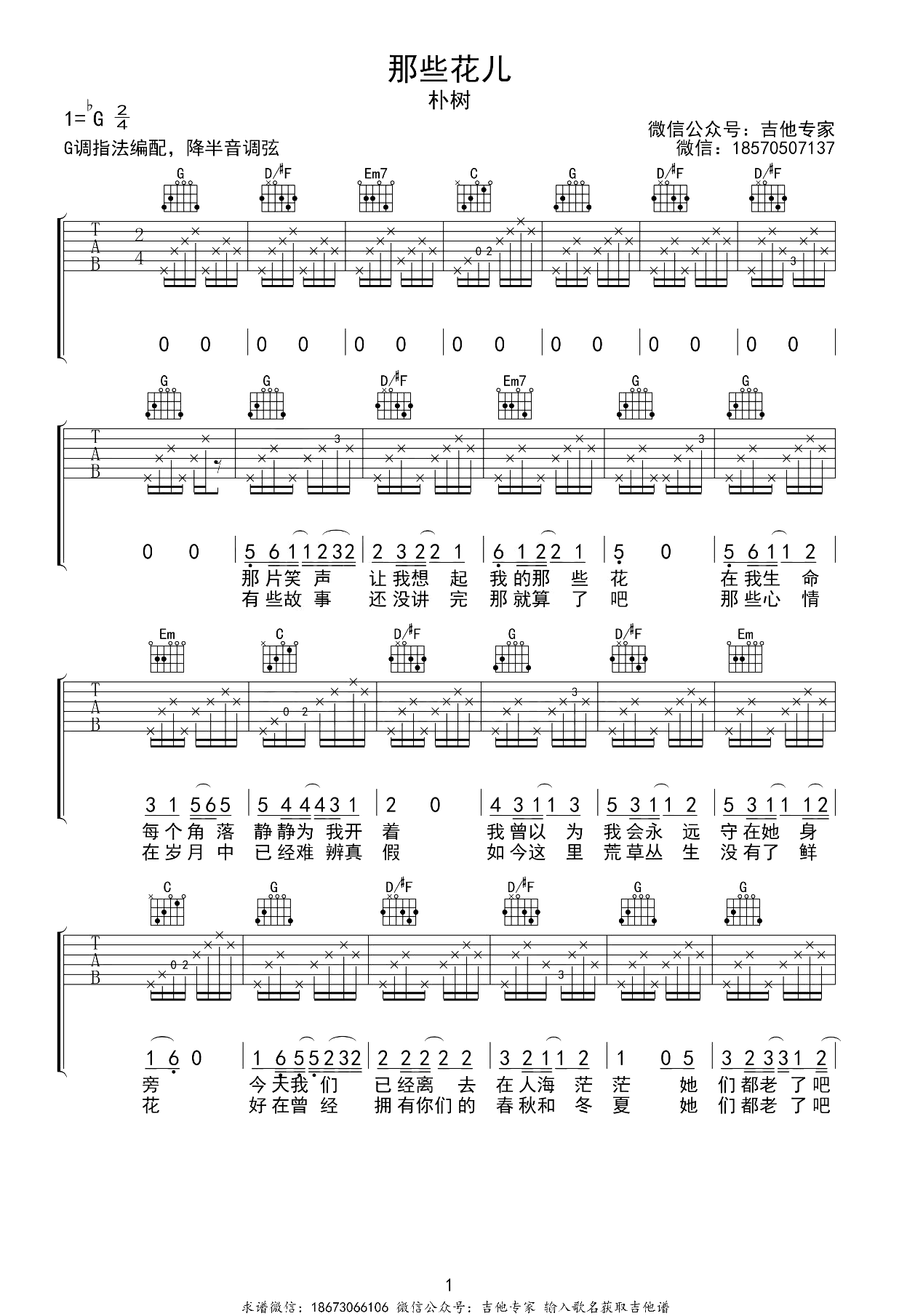 那些花儿吉他谱-朴树-G调指法-优易谱